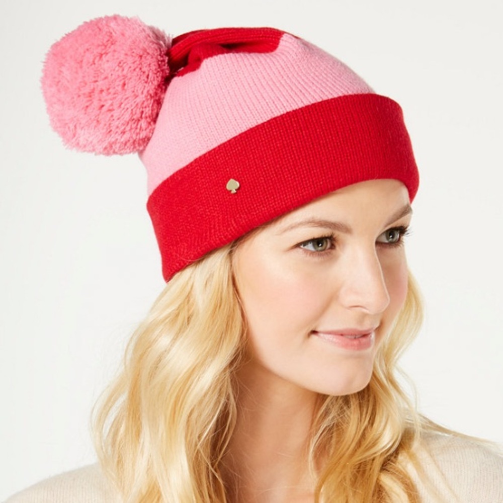 Kate Spade New York Color Block Beanie Red and Pink Pom Pom Beanie NEW!